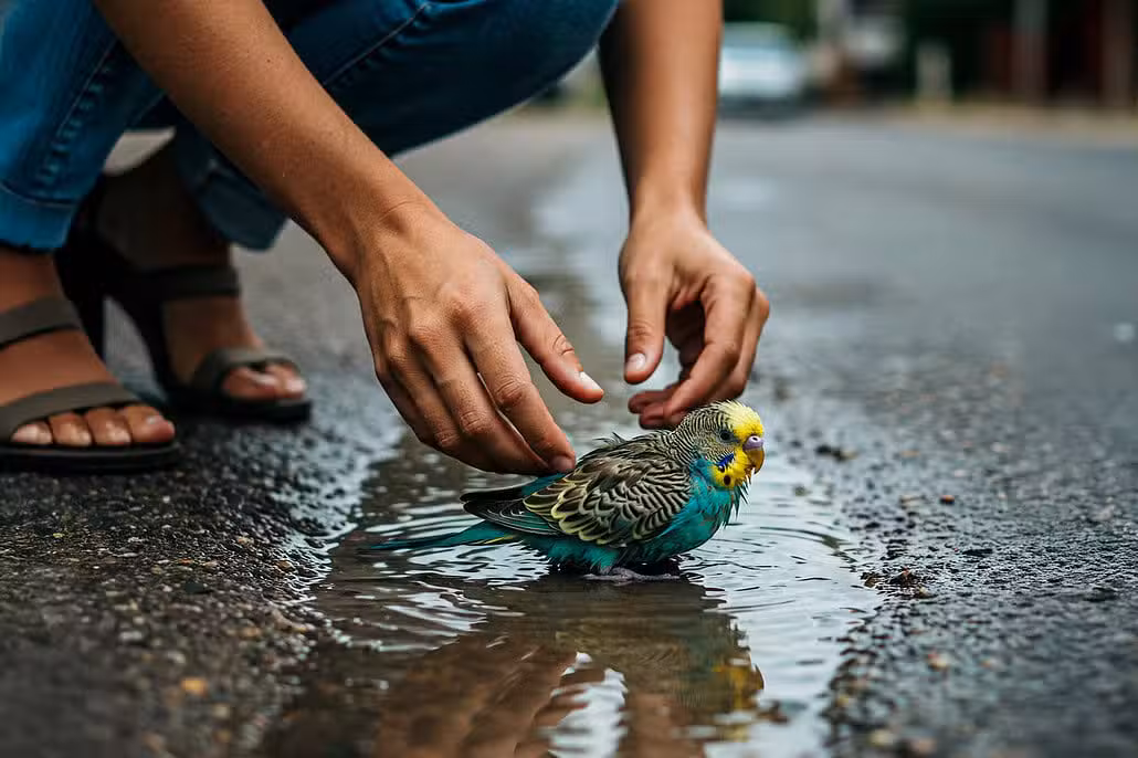 Wellensittich gefunden oder zugeflogen – Soforthilfe & Tipps 3 Ein Wellensittich wird auf der Straße gefunden und vorsichtig gefangen.