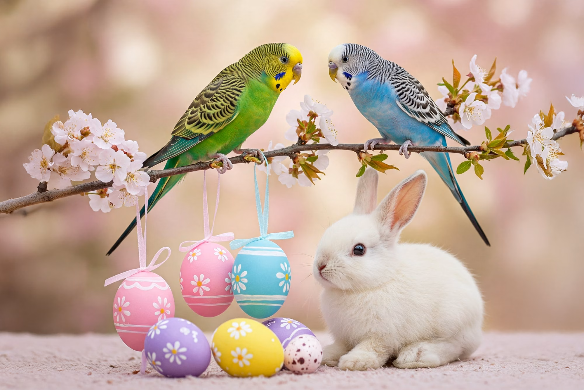 Ostern mit Wellensittichen: So feierst du ein schönes Fest 2 Zwei Wellensittiche sitzen auf einem Ast über bunten Ostereiern neben einem weißen Osterhasen.